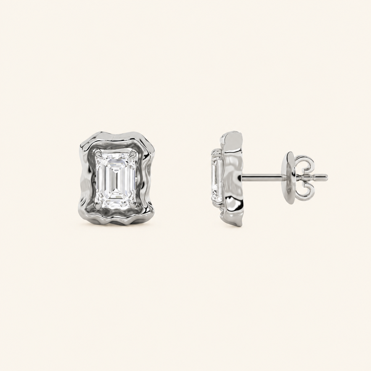 1.5CT Emerald Cut Lab Grown Diamond Organic Design Stud Earrings
