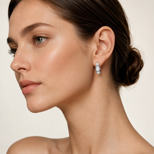 2.5CT Oval Cut Lab Grown Diamond Three Stone Huggie Earrings