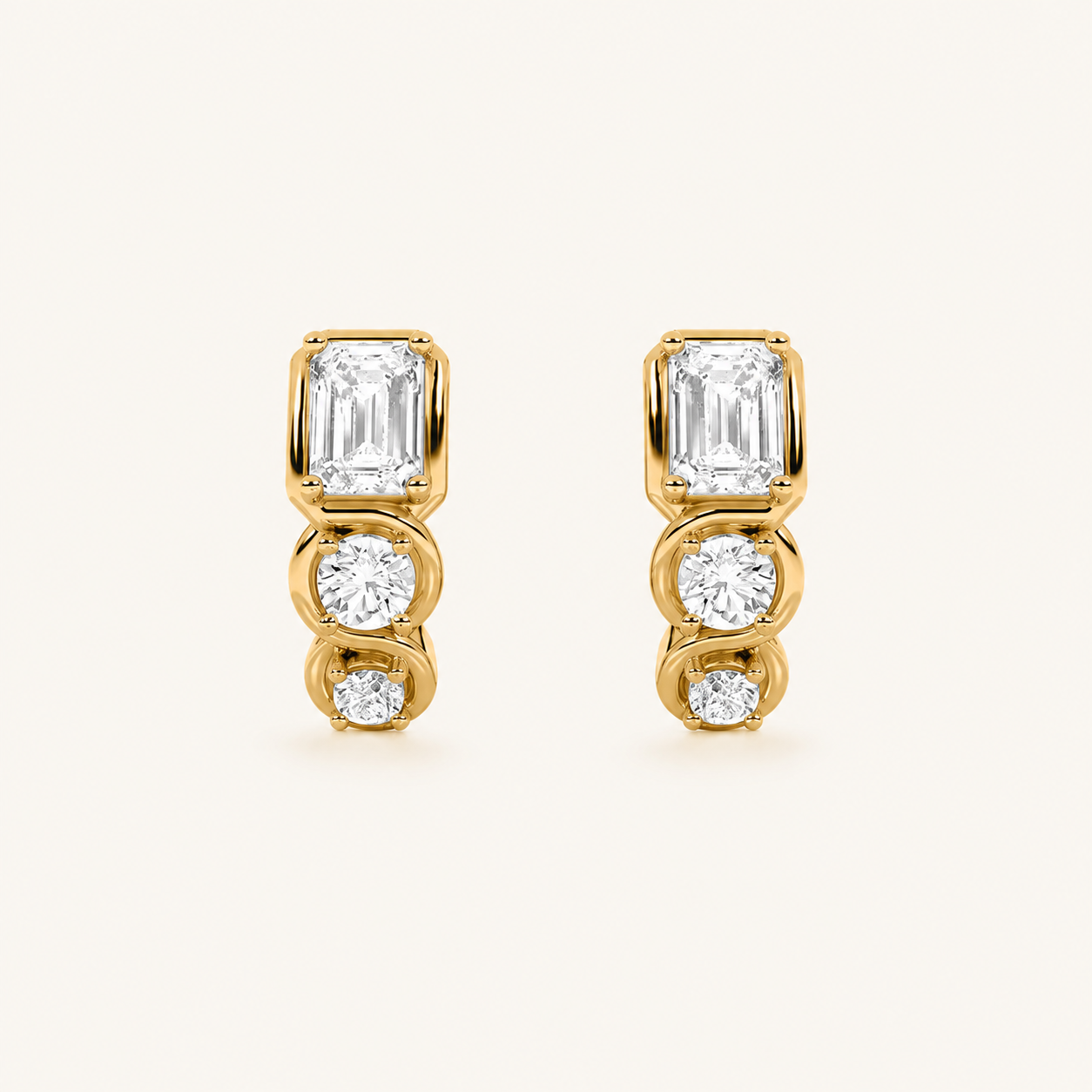 2.5CT Emerald Cut Lab Grown Diamond Three Stone Huggie Earrings