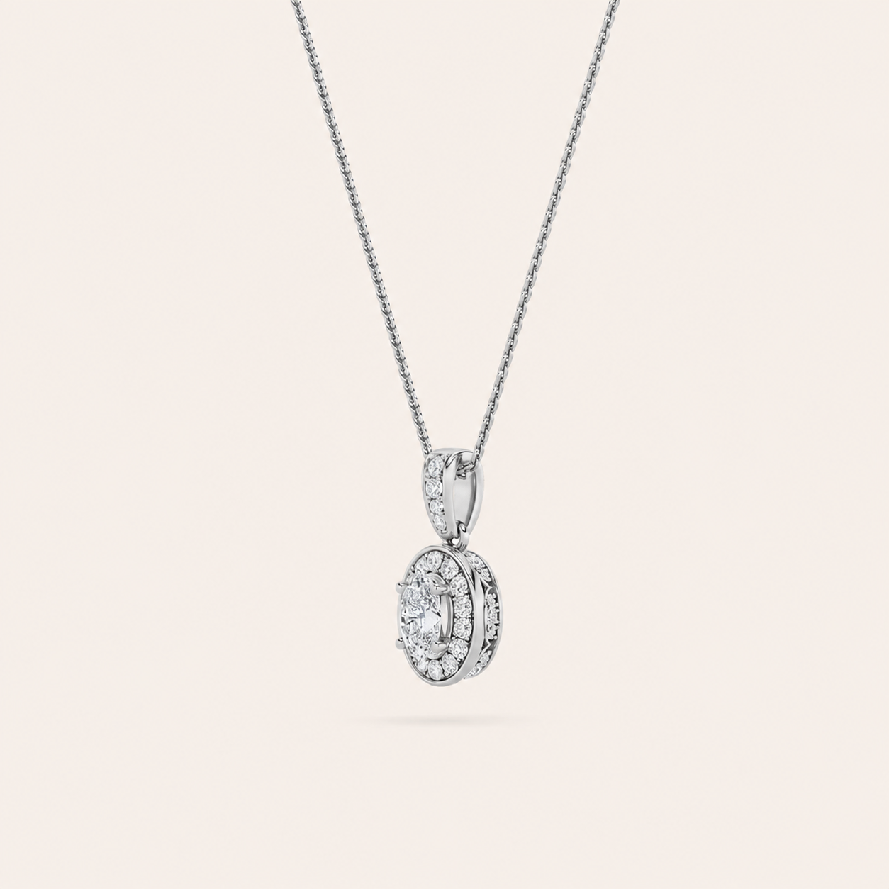 0.75CT Oval Cut Lab Grown Diamond Halo Pendant Necklace