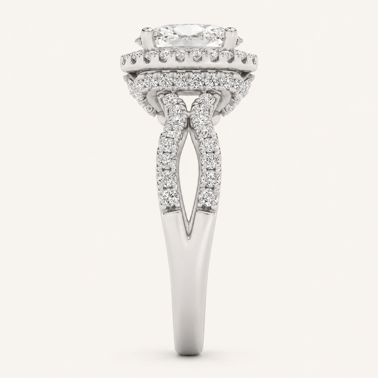 2CT Oval Cut Lab Grown Diamond Split Shank Halo Accented Engagement Ring