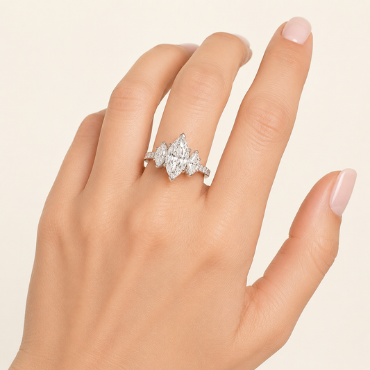 4.00 CT Marquise Cut Lab Grown Diamond Three Stone Accented Engagement Ring