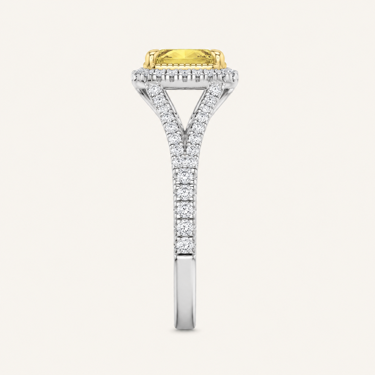 2.5CT Radiant Cut Fancy Yellow Lab Grown Diamond Split Shank Halo Engagement Ring