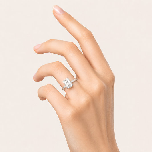 1CT Emerald Cut Lab Grown Diamond Hidden Halo Plain Shank Engagement Ring