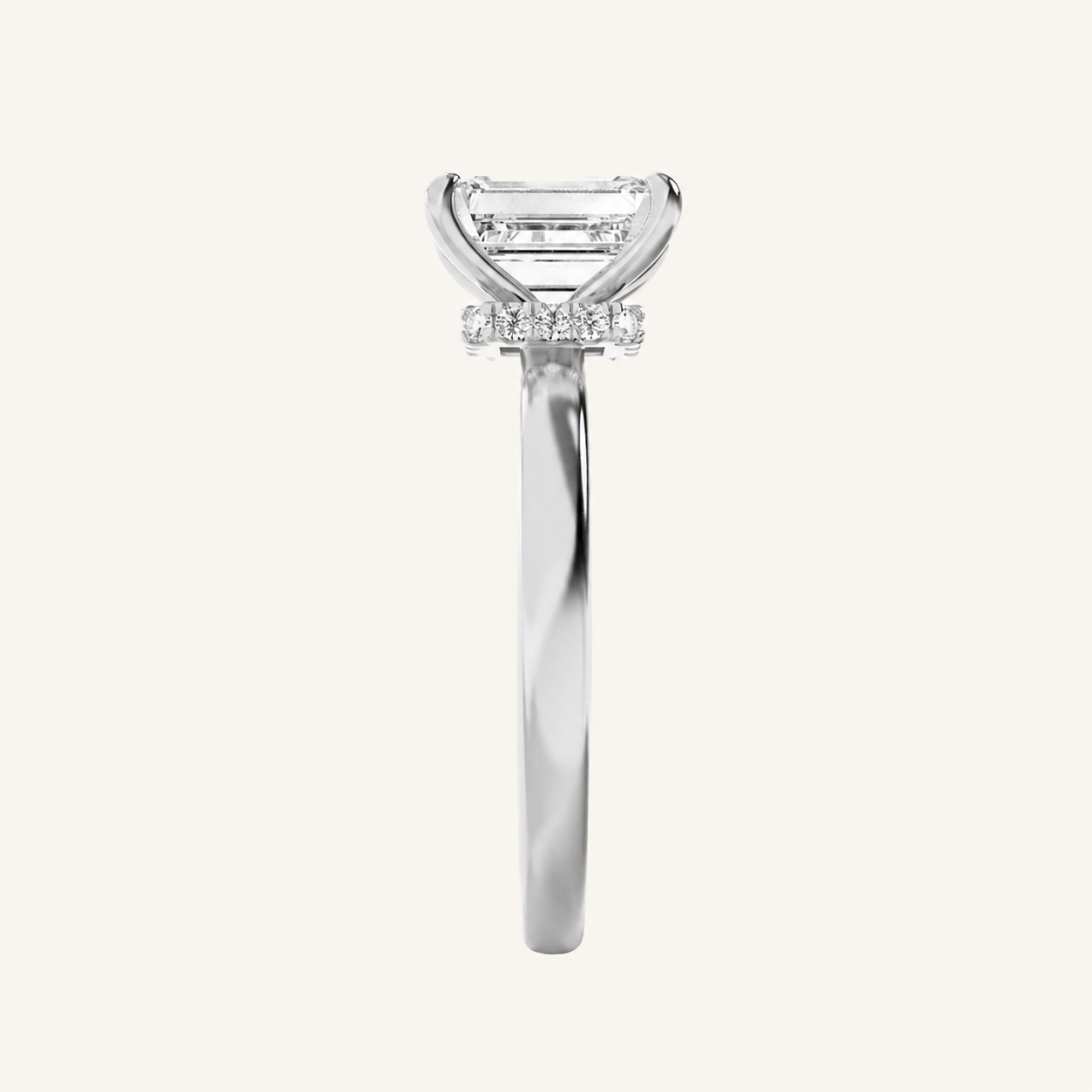 2CT Emerald Cut Lab Grown Diamond Hidden Halo Plain Shank Engagement Ring