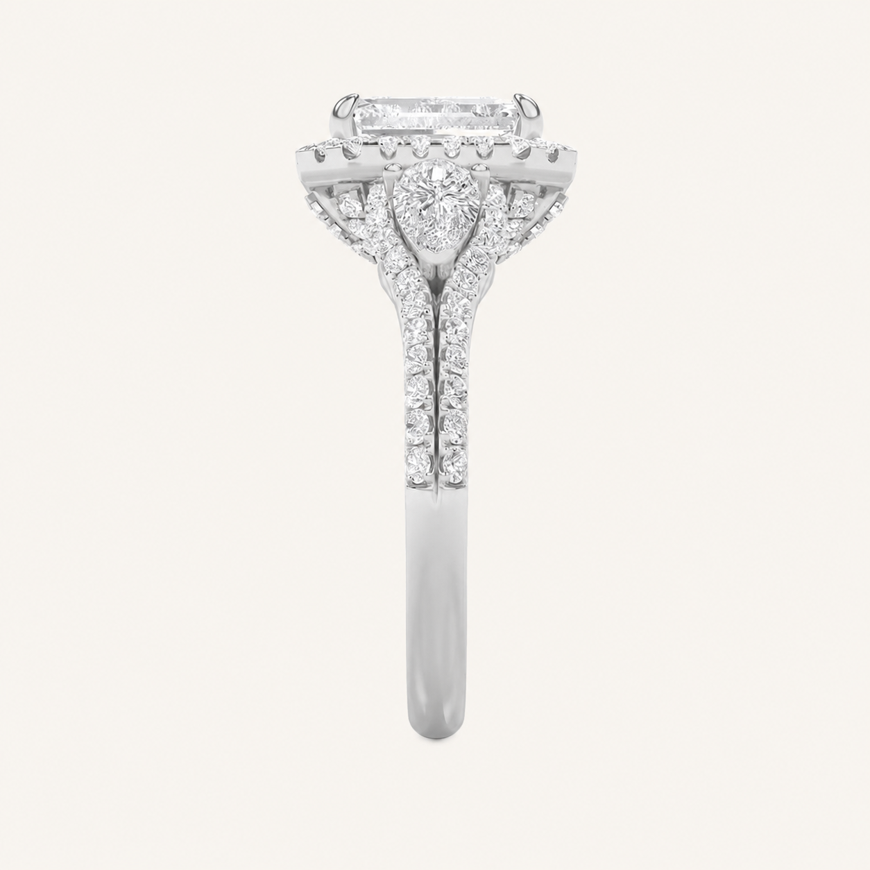3CT Emerald Cut Lab Grown Diamond Three Stone Bold Accented Engagement Ring