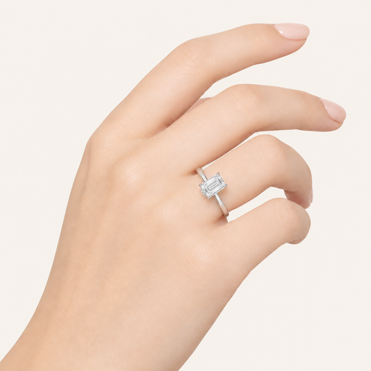 3CT Emerald Cut Lab Grown Diamond Hidden Halo Plain Shank Engagement Ring