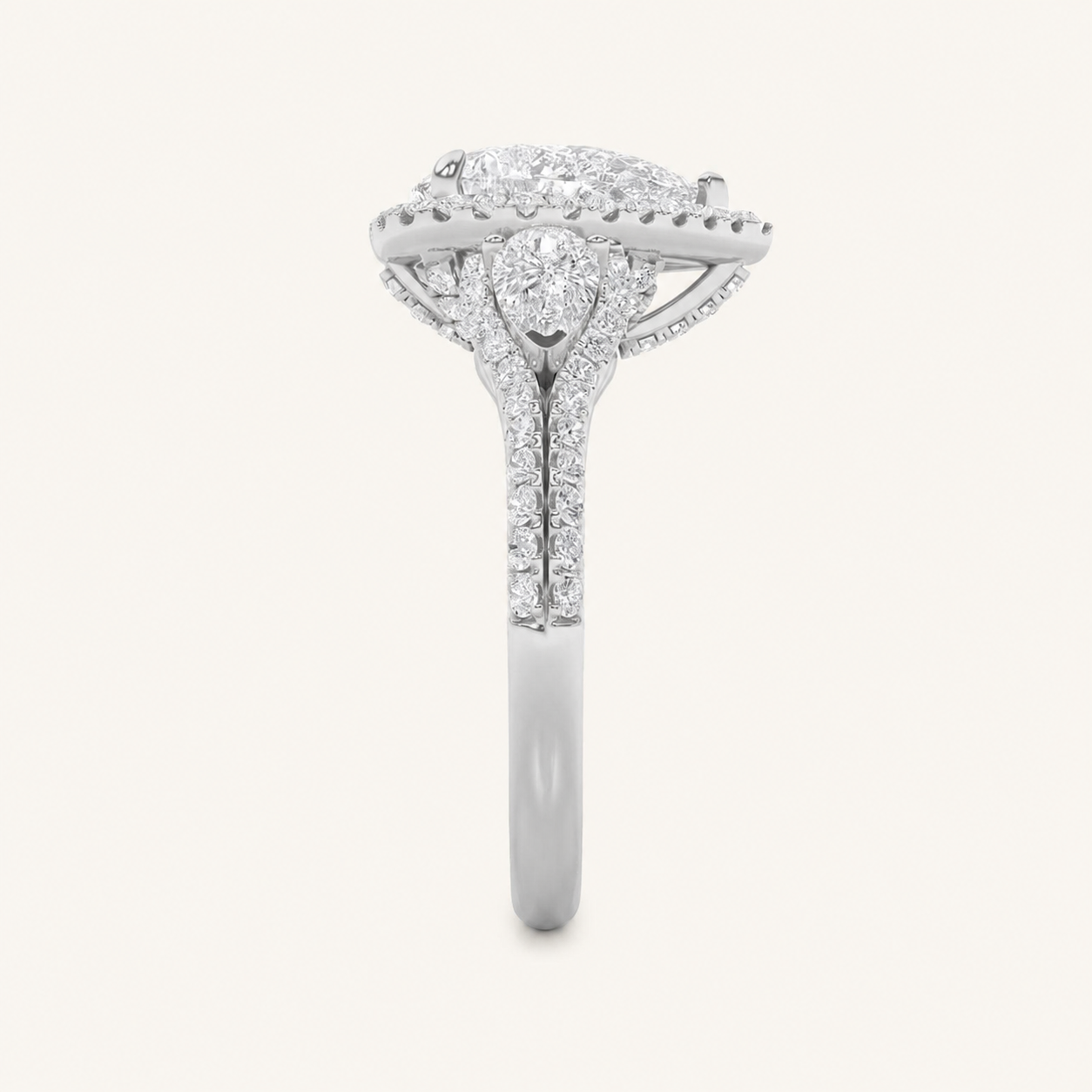 3CT Pear Cut Lab Grown Diamond Three Stone Bold Accented Engagement Ring