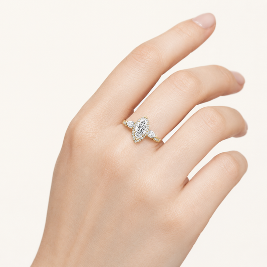 3CT Marquise Cut Lab Grown Diamond Three Stone Halo Engagement Ring