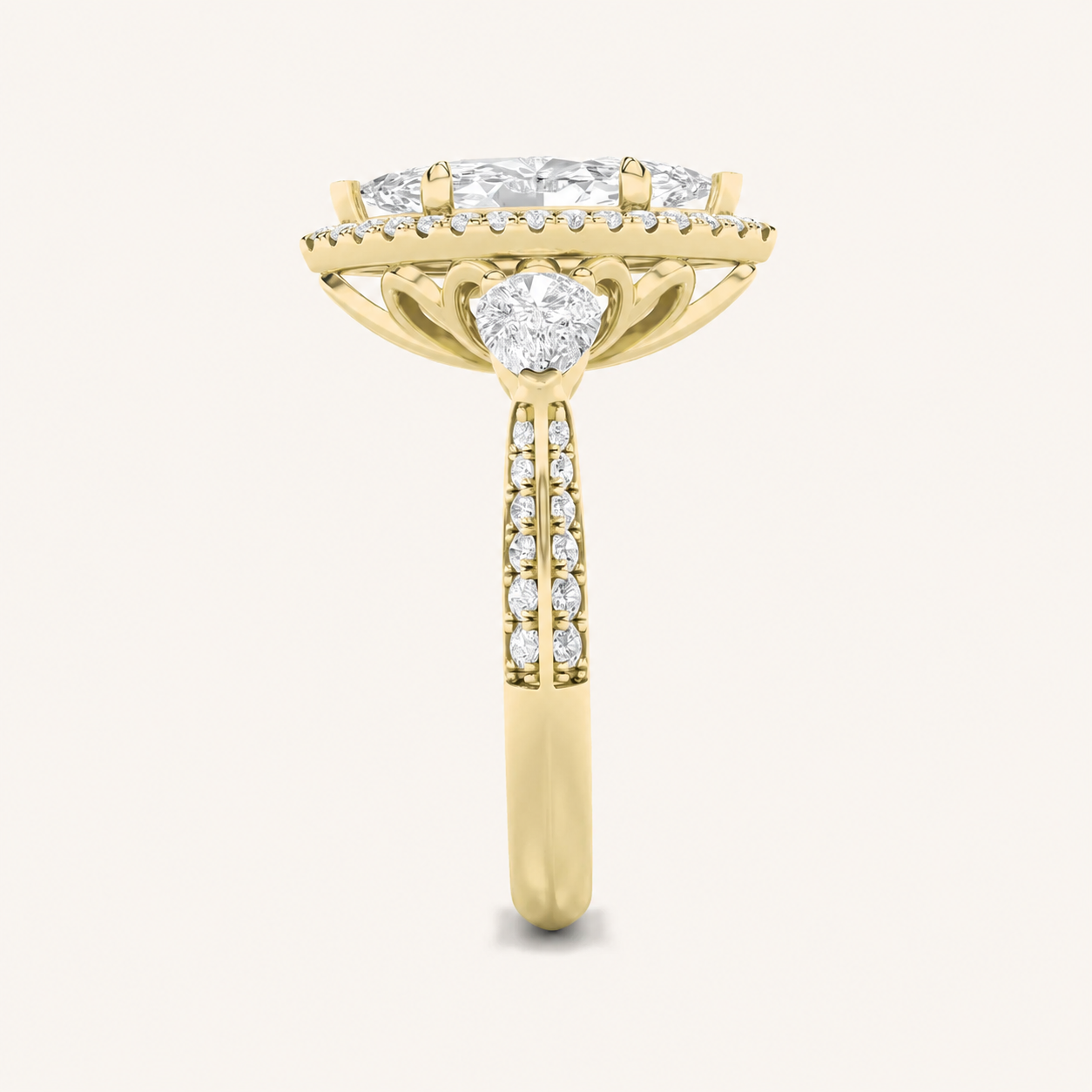 3CT Marquise Cut Lab Grown Diamond Three Stone Halo Engagement Ring