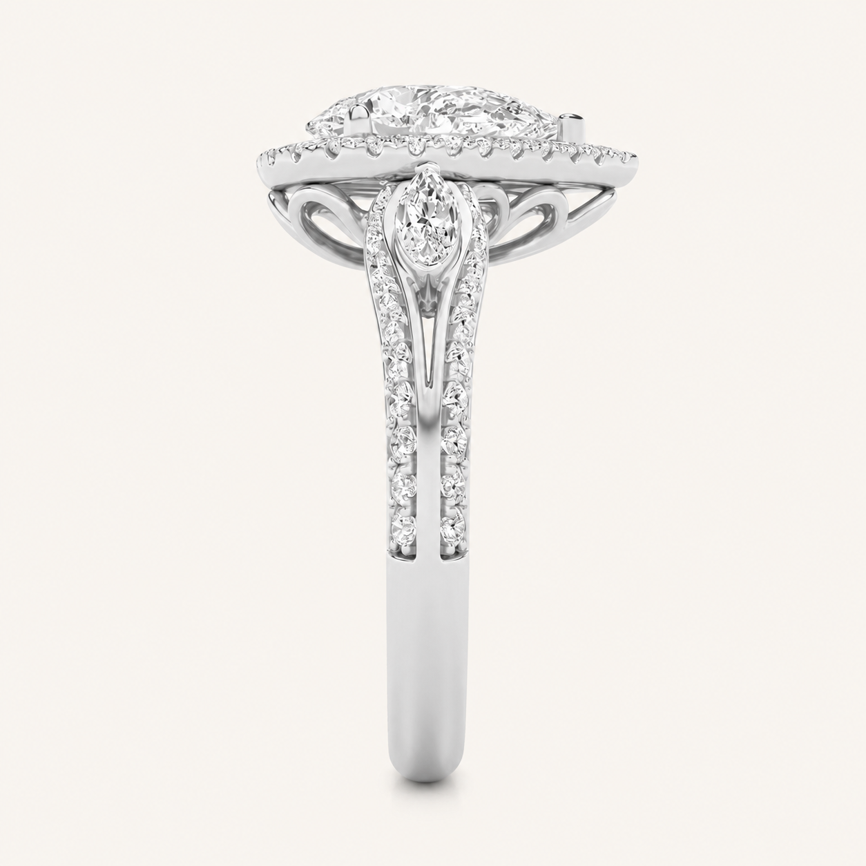 3CT Pear Cut Lab Grown Diamond Three Stone Halo Engagement Ring