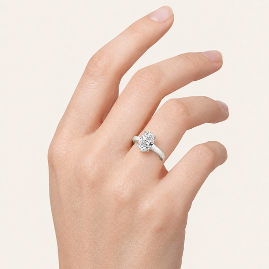 1.33 CT Oval Cut Lab Grown Diamond Accented Bridge Shank Solitaire Ring