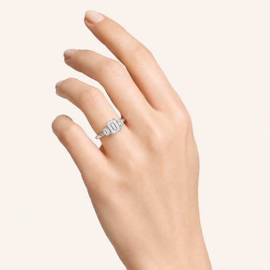 3.00 CT Emerald Cut Lab Grown Diamond Three Stone Ring