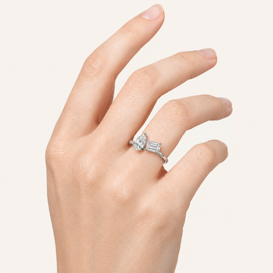 3.00 CT Emerald Cut And Pear CutLab Grown Diamond Toi et Moi Ring