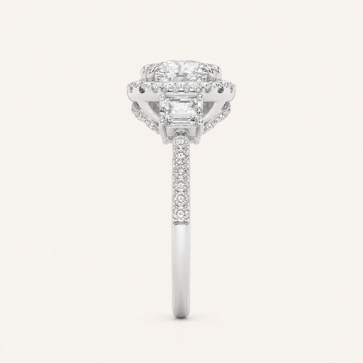 3CT Elongated Cushion Cut Lab Grown Diamond Accented Halo Three Stone Ring
