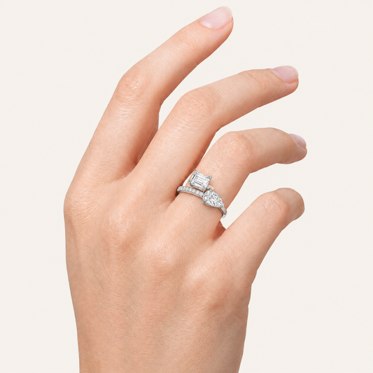 1.50 CT Emerald And Pear Cut Lab Grown Diamond Toi et Moi Ring