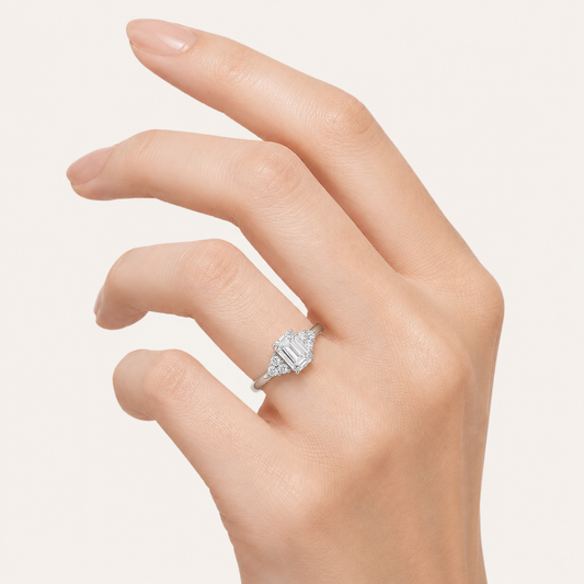 1.5CT Emerald Cut Lab Grown Diamond East West Accented Three Stone Ring