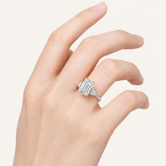 8.5 CT Emerald Cut Lab Grown Diamond Bold Statement Accented Ring