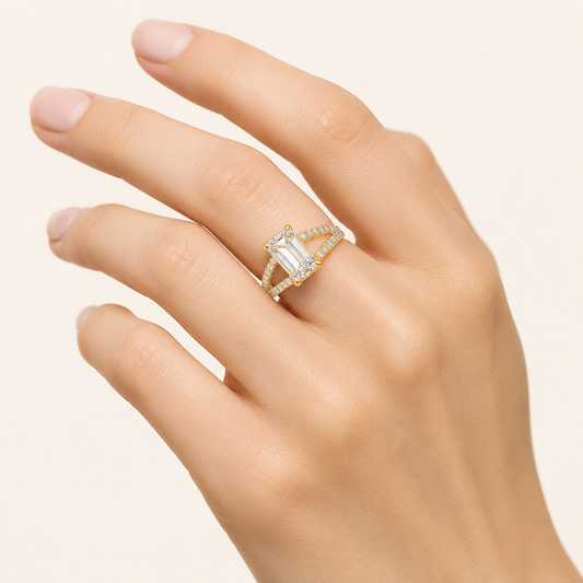 2CT Emerald Cut Lab Grown Diamond Cross Shank Accented Engagement Ring