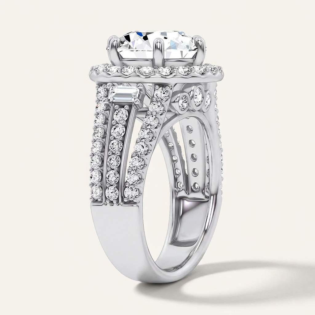 6.50CT Round Cut Lab Grown Diamond Halo Side Stone ring