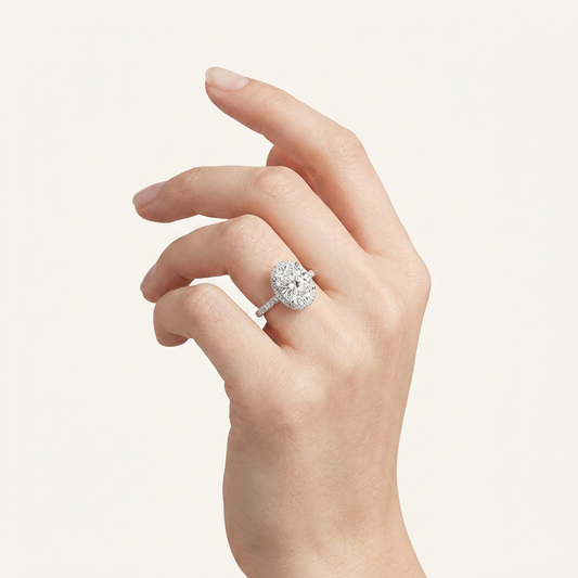 7.50 Ct Oval Cut Lab Grown Diamond Bold Statement Accented Halo Side Stone Ring