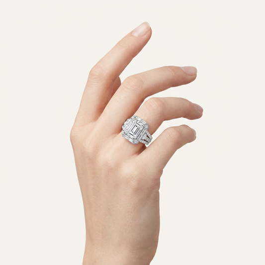 6.4CT Emerald Cut Certified Lab Grown Diamond Halo Engagement Ring