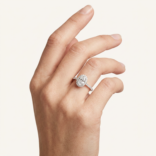 1CT Oval Cut Lab Grown Diamond Halo Side Stone Ring
