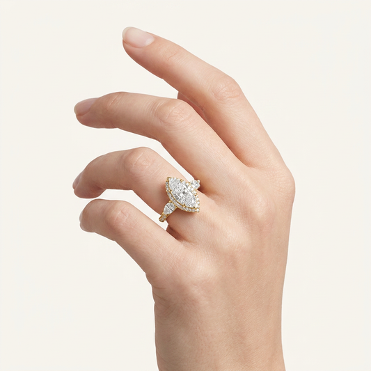 3CT Marquise Cut Lab Grown Diamond Three Stone Halo Ring