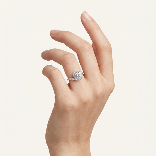2CT Round Cut Lab Grown Diamond Swirl Accented Halo Side Stone Ring