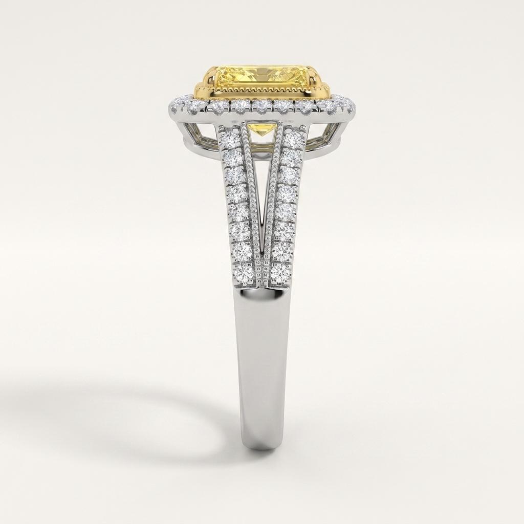 2.5CT Radiant Cut Fancy Yellow Lab Grown Diamond Split Shank Halo Side Stone Ring
