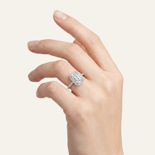 3CT Emerald Cut Lab Grown Diamond Halo Engagement Ring