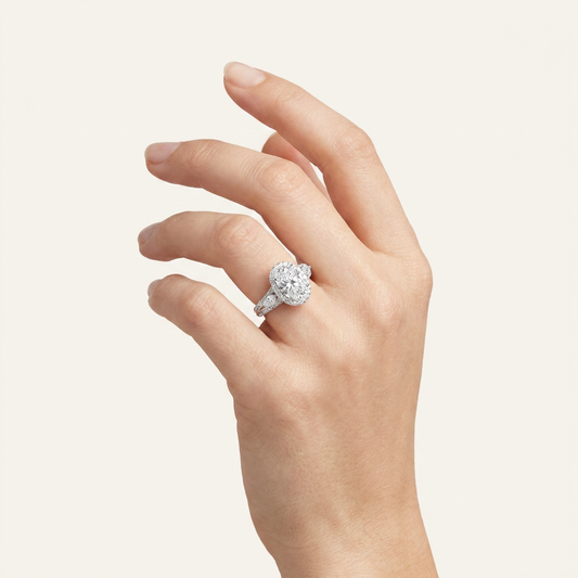 3CT Oval Cut Lab Grown Diamond Three Stone Halo Ring