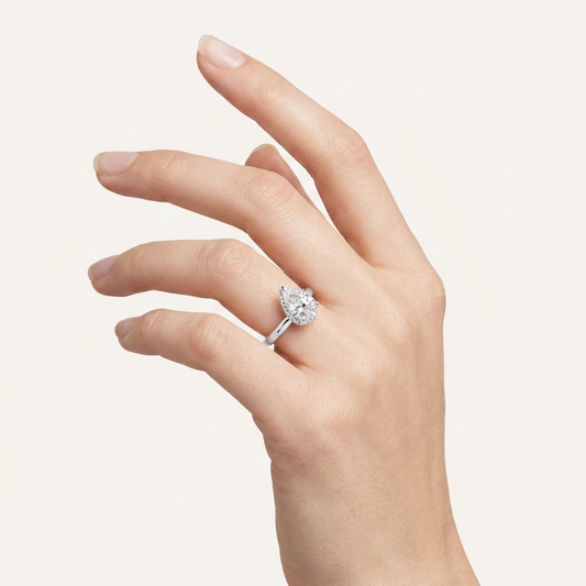2CT Pear Cut Lab Grown Diamond Hidden Halo Plain Shank Engagement Ring