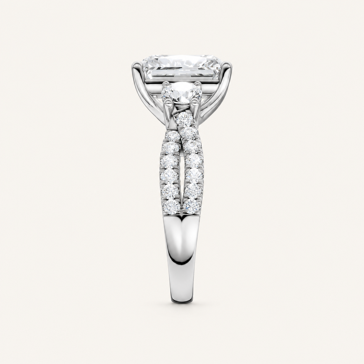 4CT Radiant Cut Lab Grown Diamond Hidden Halo Three Stone Ring