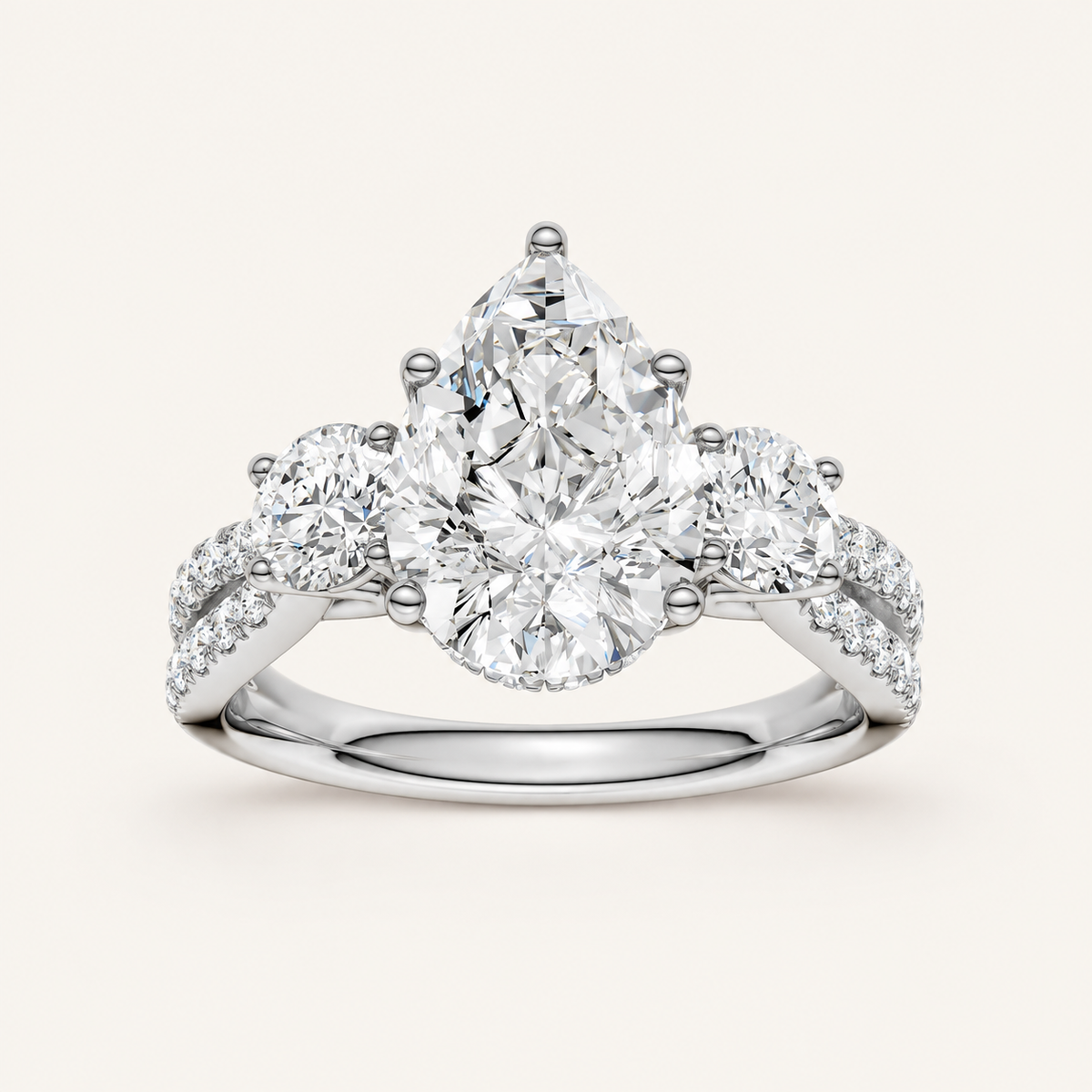 4CT Pear Cut Lab Grown Diamond Hidden Halo Three Stone Ring