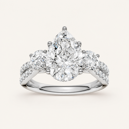 4CT Pear Cut Lab Grown Diamond Hidden Halo Three Stone Ring