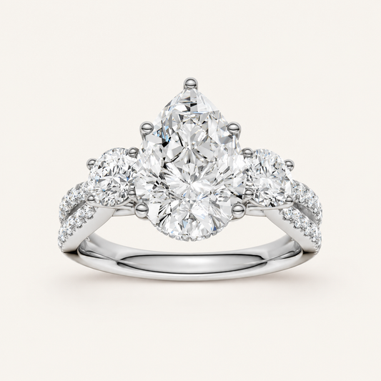 4CT Pear Cut Lab Grown Diamond Hidden Halo Three Stone Ring