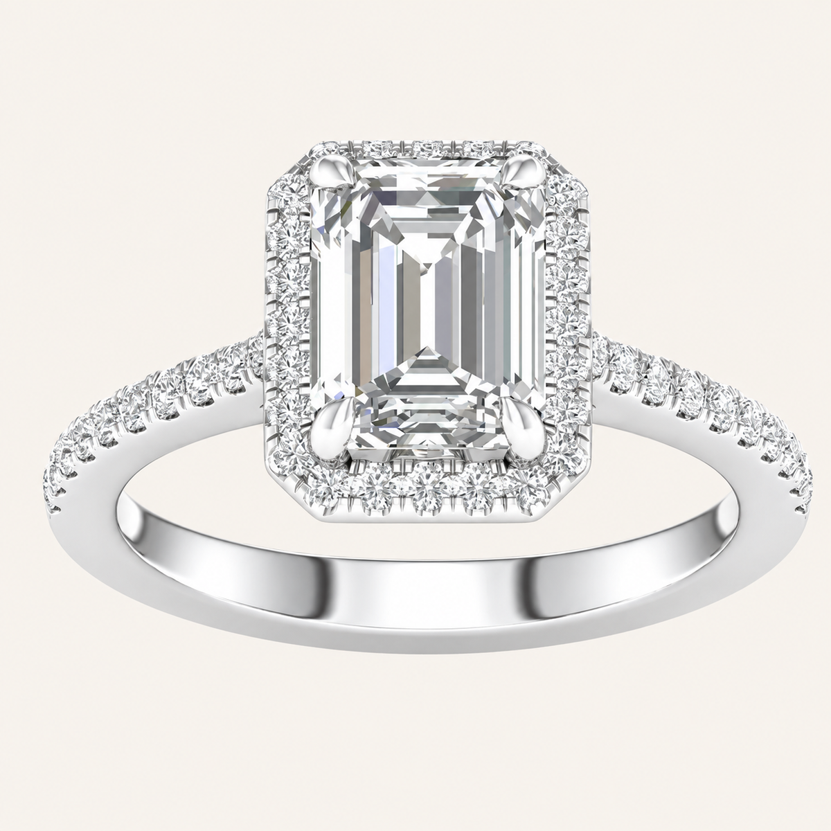 2.25CT Emerald Cut Lab Grown Diamond Halo Side Stone Ring