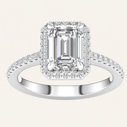 2.25CT Emerald Cut Lab Grown Diamond Halo Side Stone Ring