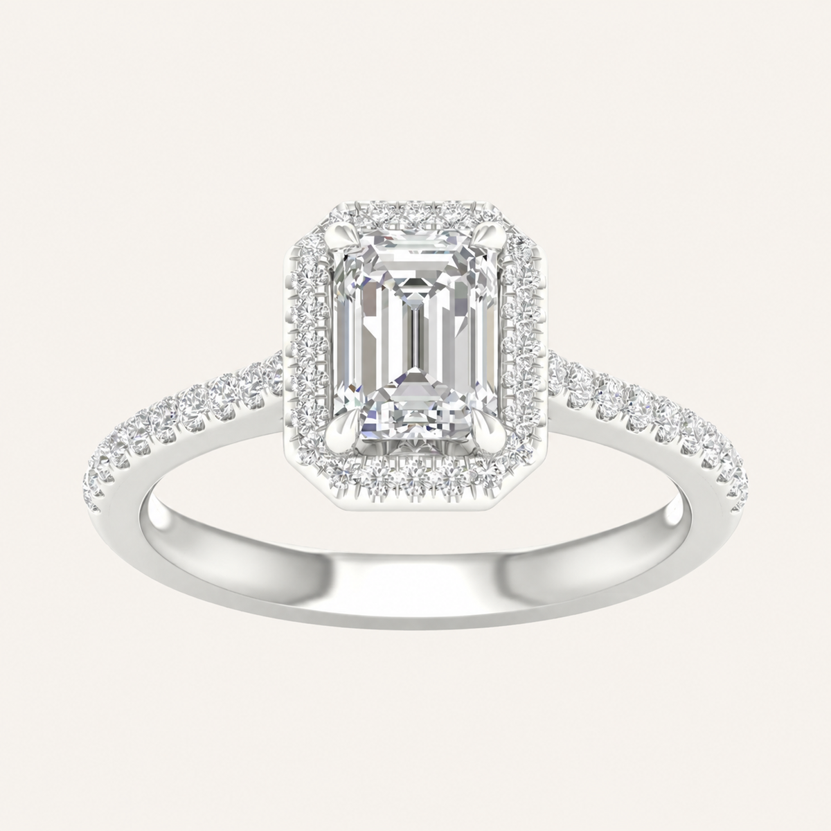 1.75CT Emerald Cut Lab Grown Diamond Halo Side Stone Ring