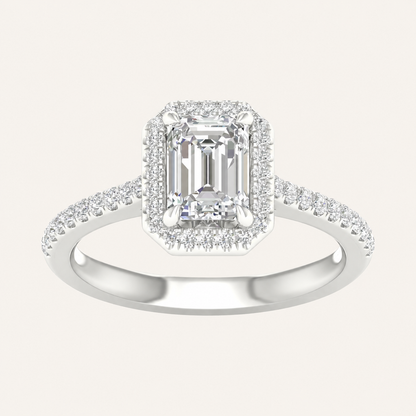1.75CT Emerald Cut Lab Grown Diamond Halo Side Stone Ring