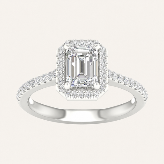1.75CT Emerald Cut Lab Grown Diamond Halo Side Stone Ring