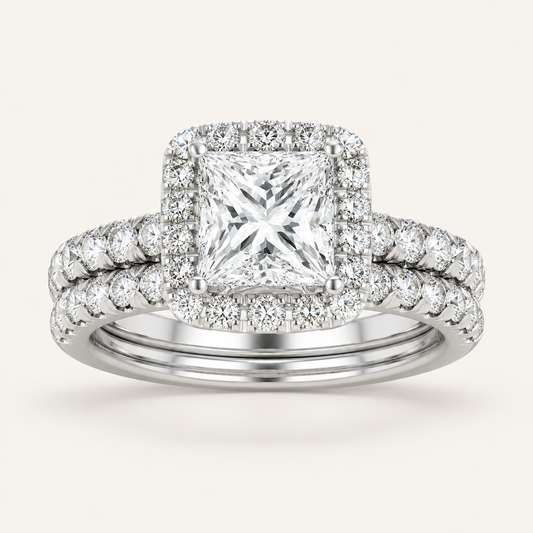 1.62CT Princess Cut Lab Grown Diamond Bridal Halo Set