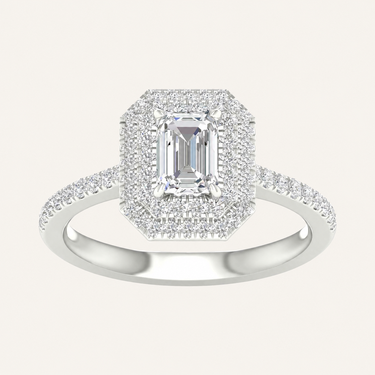 1.15CT Emerald Cut Lab Grown Diamond Halo Side Stone Ring