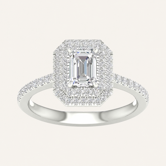 1.15CT Emerald Cut Lab Grown Diamond Halo Side Stone Ring