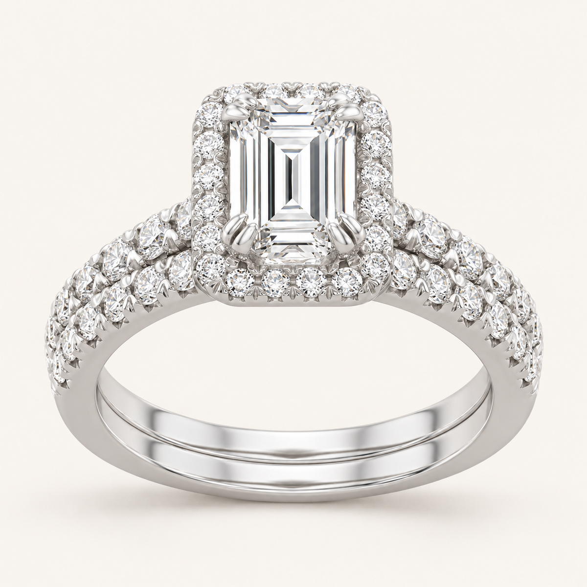 1.78 CT Emerald Cut Lab Grown Diamond Halo Bridal Set