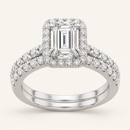 1.78 CT Emerald Cut Lab Grown Diamond Halo Bridal Set