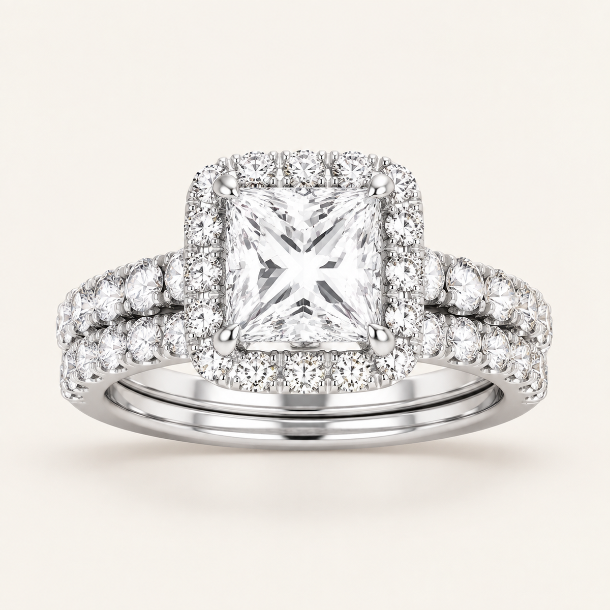 1.65CT Princess Cut Lab Grown Diamond Bridal Halo Set