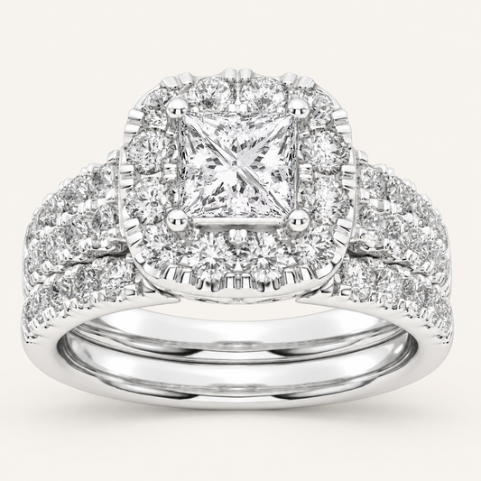 1.50 CT Princess Cut Lab Grown Diamond Bridal Halo Set