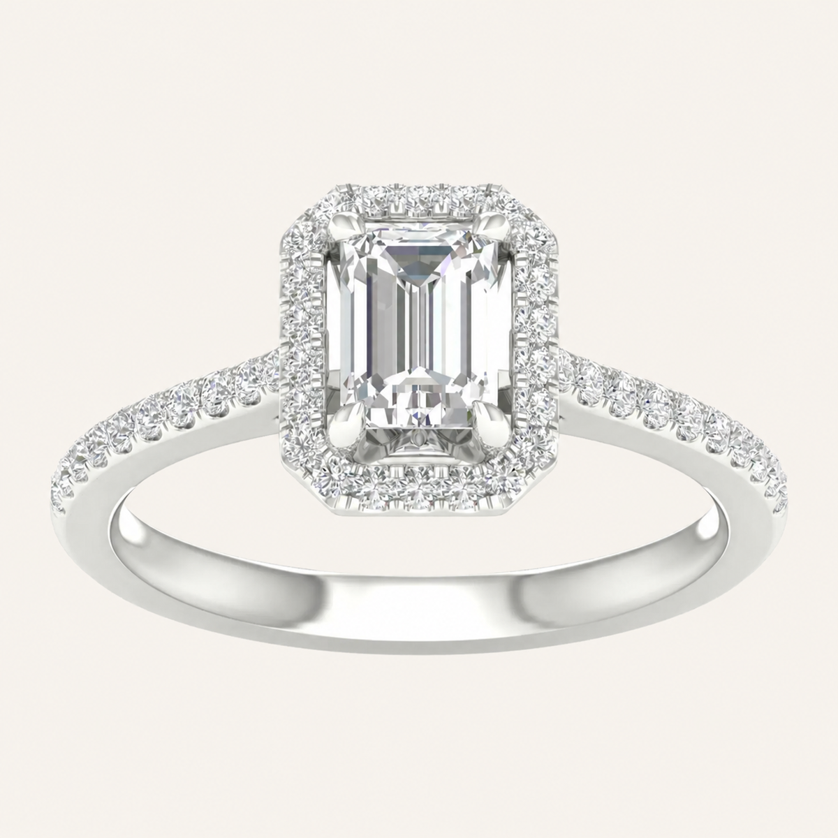 1.25CT Emerald Cut Lab Grown Diamond Halo Side Stone Ring